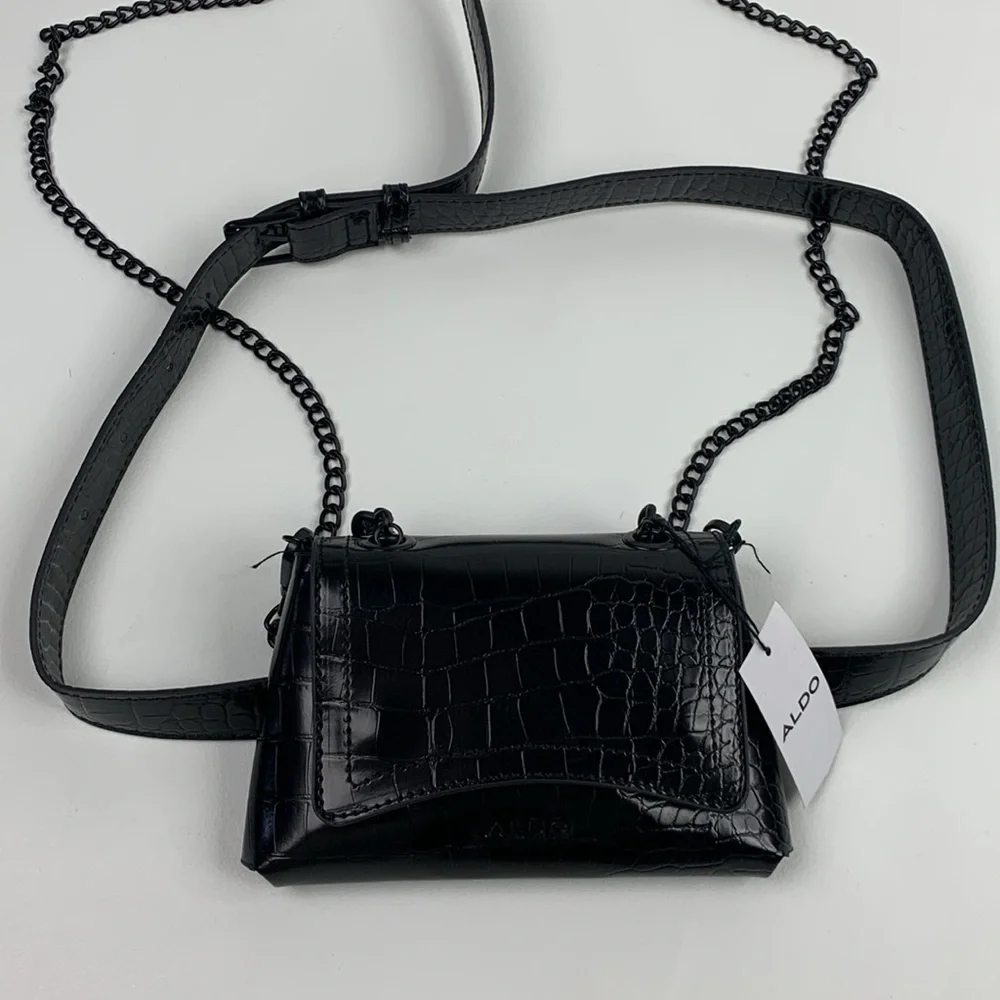 ALDO Black Croc-Embossed Crossbody Belt Waist Bag Chain strap Adjustable NWT NEW